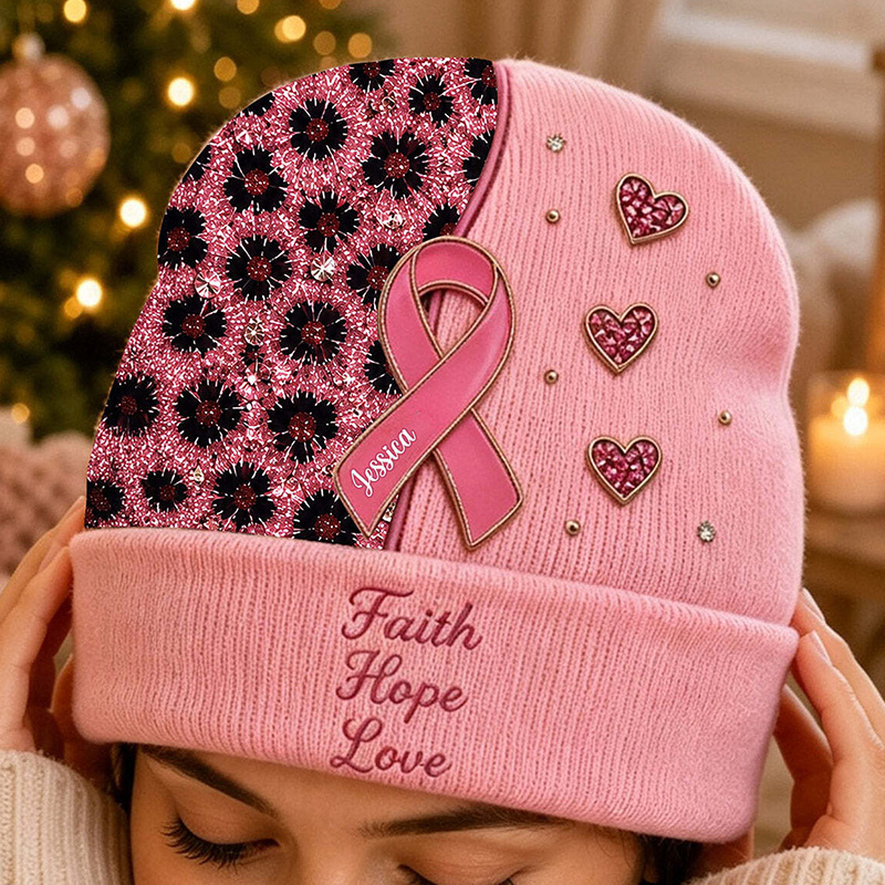 Personalized Breast Cancer Awareness Knit Beanie Pink Ribbon Faith Hope Love Heart Pattern Winter Warm Hat