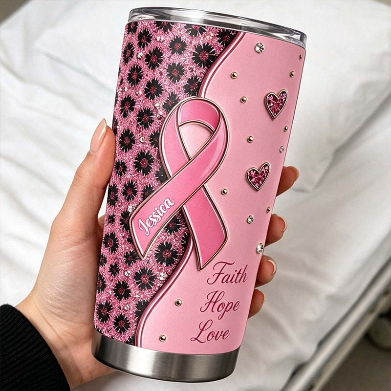 Personalized Breast Cancer Awareness Tumbler Pink Ribbon Faith Hope Love Floral Heart Insulated Travel Cup