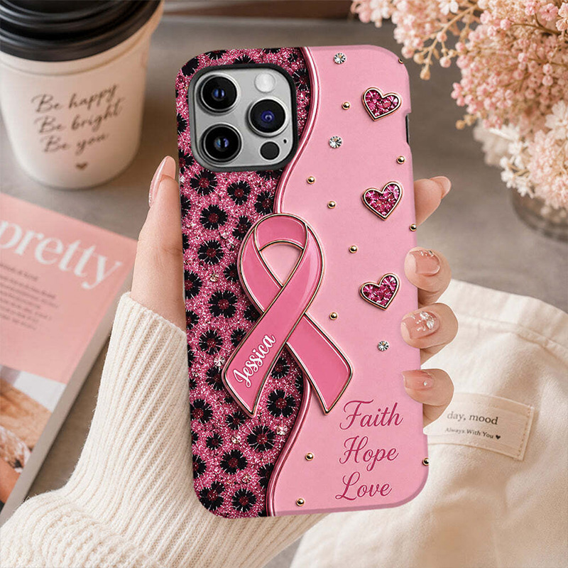 Personalized Breast Cancer Awareness Phone Case Pink Ribbon Faith Hope Love Floral Heart Protective Cover