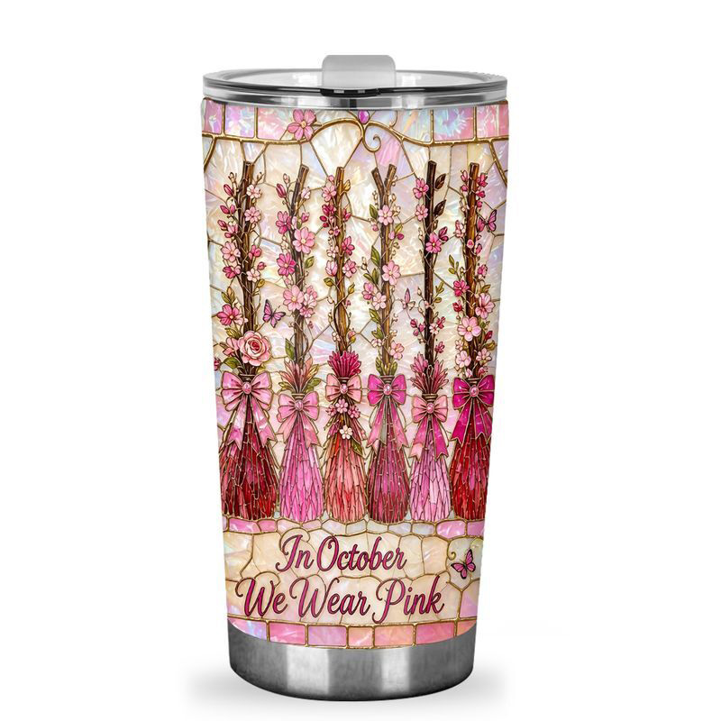 Personalized Breast Cancer Awareness Tumbler In October We Wear Pink Floral Ribbon Insulated Travel Cup