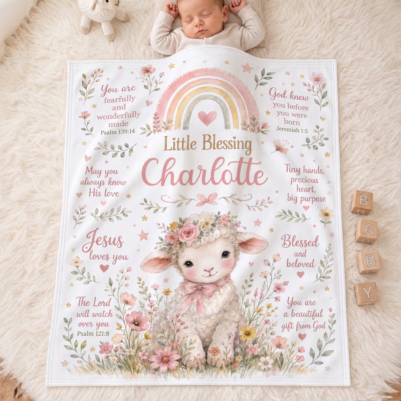 Personalized Flower Lamb Christian Blessing Quotes Soft Warm Throw Blanket with Name Room Decor Baby Shower Baptism Gift for Kid Newborn