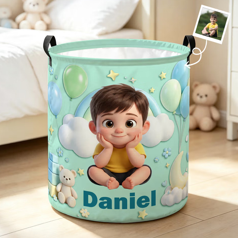 Personalized Cartoon Style Photo Waterproof Laundry Storage Basket with Name and Handles Room Decor Birthday Gift for Kids Boys Girls