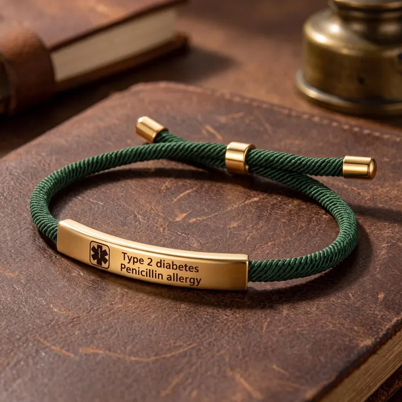 Personalized Medical Alert Bracelet Custom Engraved Name Allergy Condition Emergency ID Adjustable Rope Band