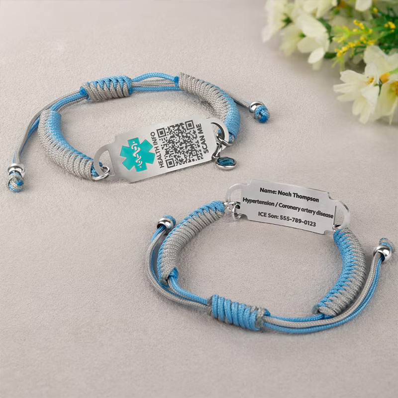 Personalized Adjustable Rope QR Code Medical Alert ID Bracelet with Birthstone and Text Emergency Gift for Diabetes Allergy Epilepsy Patient Family Gift