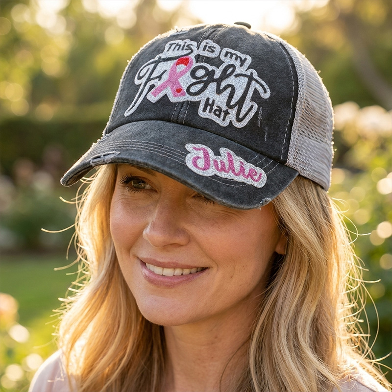 Personalized This is My Fight Hat Glitter Name Baseball Cap with Ribbon Breast Cancer Inspirational Gift for Her