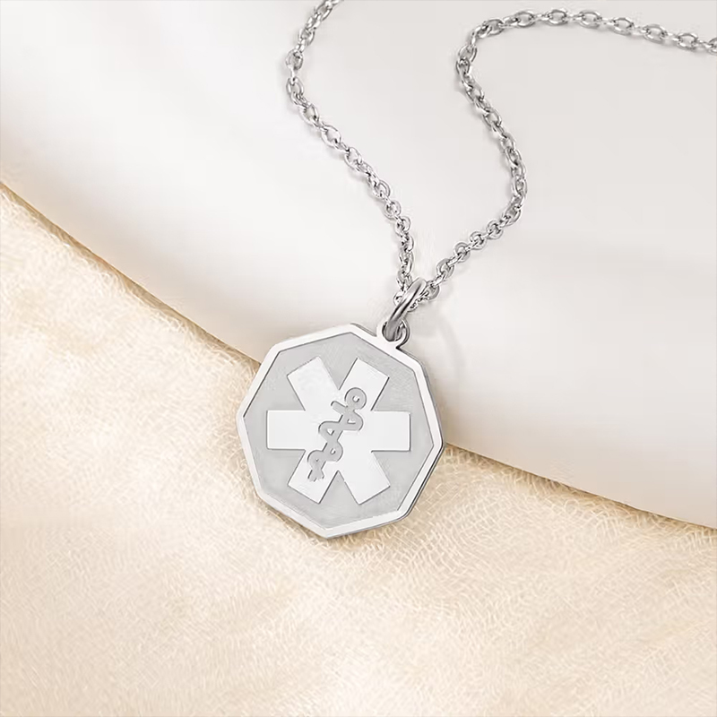 Personalized Engraved Medical Emergency Alert ID Octagon Necklace with Text and Star of Life Gift for Diabetic Allergy Autism Women Men Family Gift