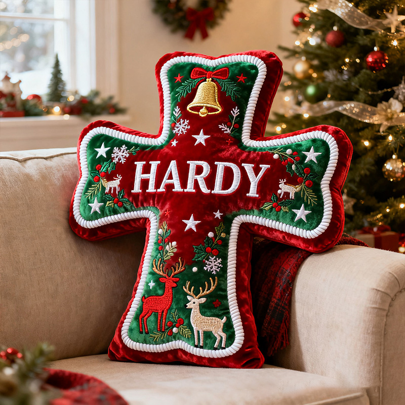 Personalized Christmas Cross Pillow with Custom Name Haliday Home Decor Gold Bell Snowflake Star Reindeer Graphic 3D Print Christian Gift for Xmas