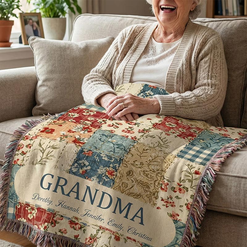 Personalized Vintage Flower Checkered Patchwork Tassel Soft Throw Blanket with Names and Title Mother's Day Birthday Gift for Grandma Mom