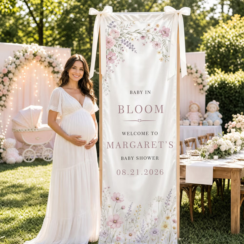 Personalized Wildflower Baby in Bloom Bow Welcome Banner with Name and Date Party Decor Baby Shower Gender Reveal Gift for Expecting Mom