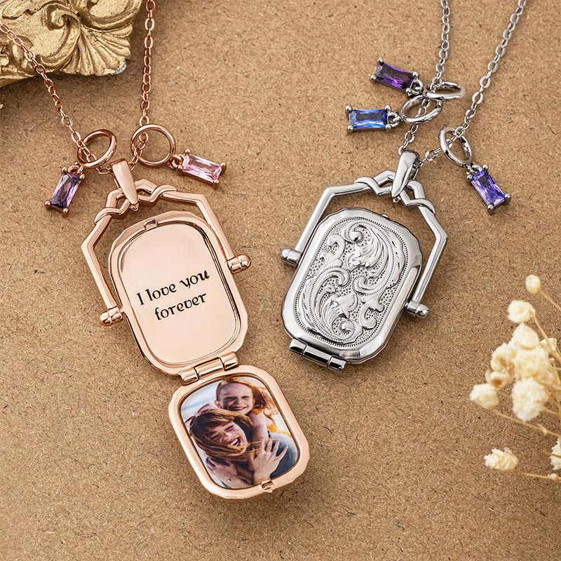 Personalized Antique Victorian Locket Birthstone Necklace with Photo and Text Dainty Jewelry Memorial Birthday Gift for Mom Grandma