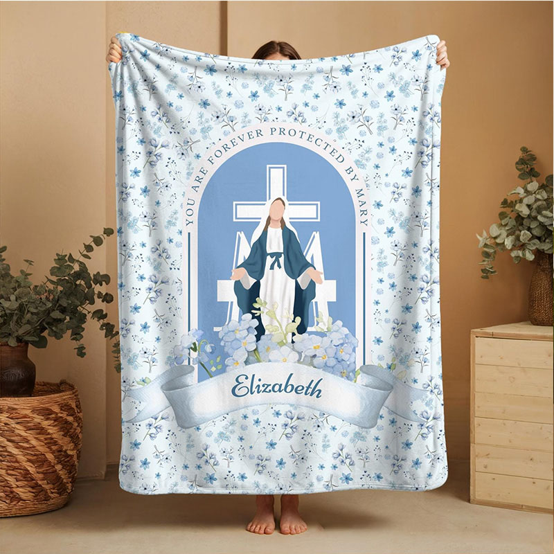 Personalized You are Forever Protected by Mary Soft Throw Blanket with Name Blue White Floral Marian Catholic Plush Blanket Religious Baptism Gift