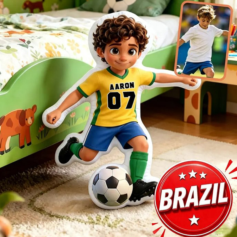 Personalized Brazil Soccer Player Pillow Custom Photo To Cartoon Boy P
