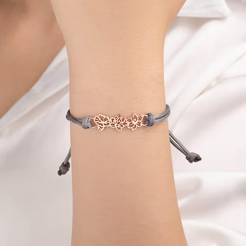 Personalized Minimalist Adjustable 1-8 Birth Flower Waxed Line Bracelet Charm Jewelry Birthday Mother's Day Christmas Gift for Family Mom Grandma Gift
