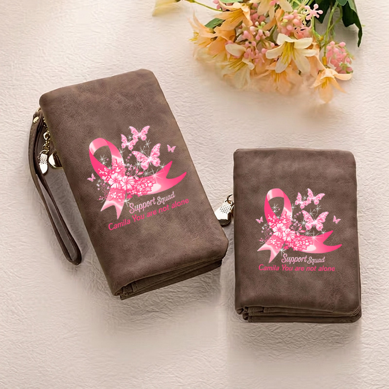 Personalized Breast Cancer Awareness Butterfly Ribbon Wallet For Survivor Supporter Gift Tri Fold PU Leather Wristlet Wallet with Card Holder and Name
