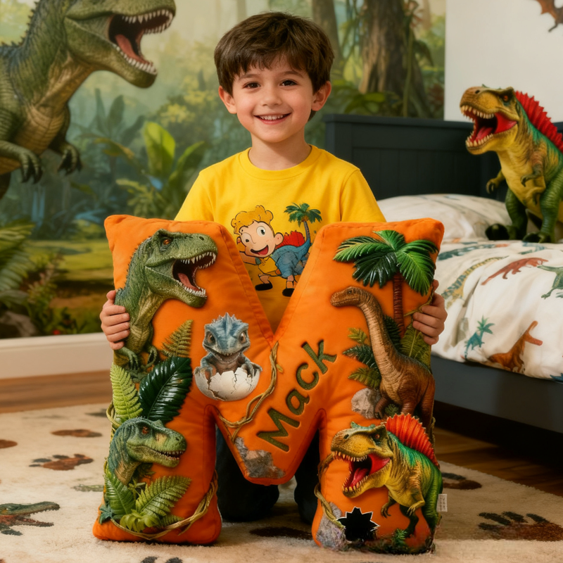 Personalized Dinosaur Forest World Initials with Name Graphic 3D Print Pillow Christmas Gift for Kids Birthday Gifts