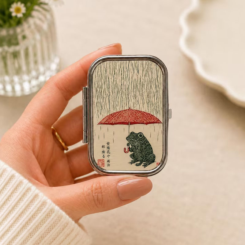 Japanese Frog Under Red Umbrella Pill Box Cute Mini Medicine Case Port
