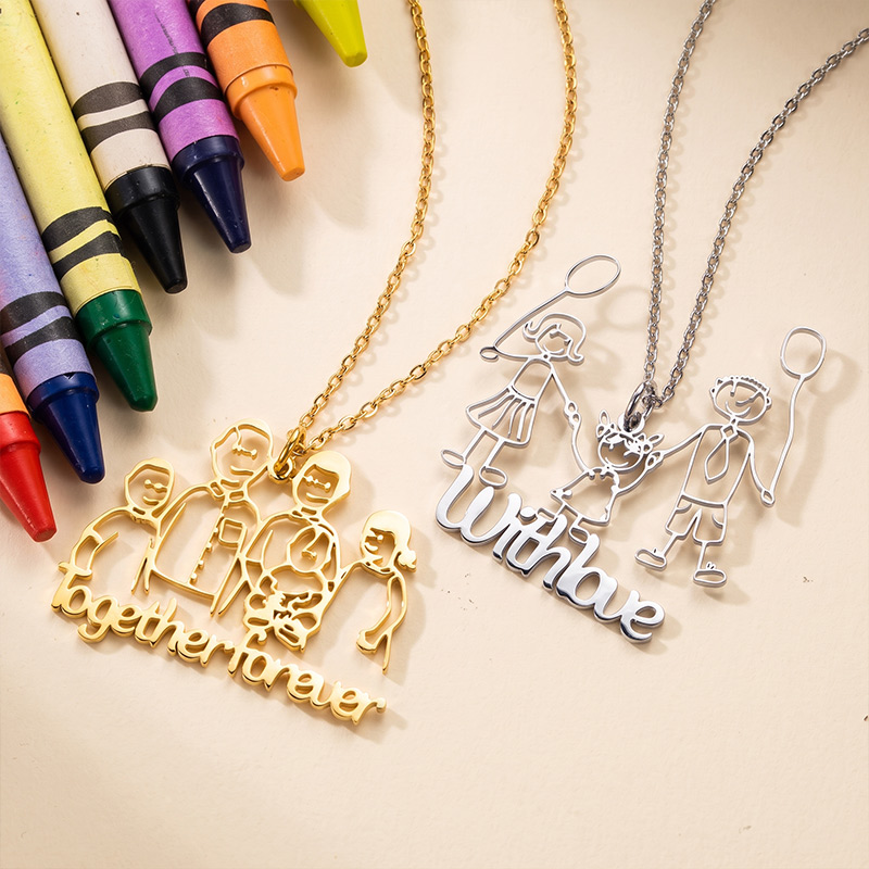 Personalized Children's Drawing Graffiti Necklace Gift for Mom Grandma Custom Kids Artwork Necklace Birthday Gift for Family Mother's Day Gift