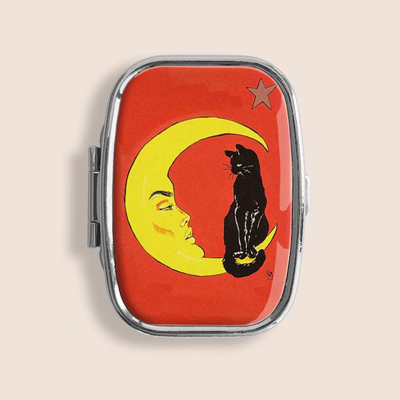 1917 Vintage Black Cat on Moon Small Pill Box Case Cute Mini Medicine Case Portable Pocket Organizer Travel Gift