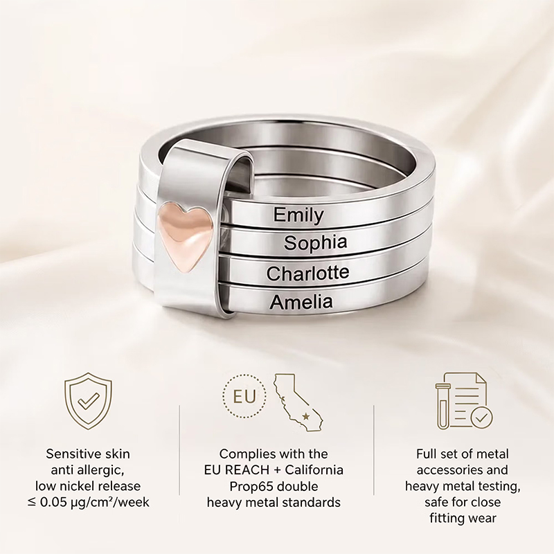 Personalized Sterling Silver Name Stacking Rings Custom Engraved 2-5 Bands with Heart Accent, Daily Wear Jewelry for Mom Grandma
