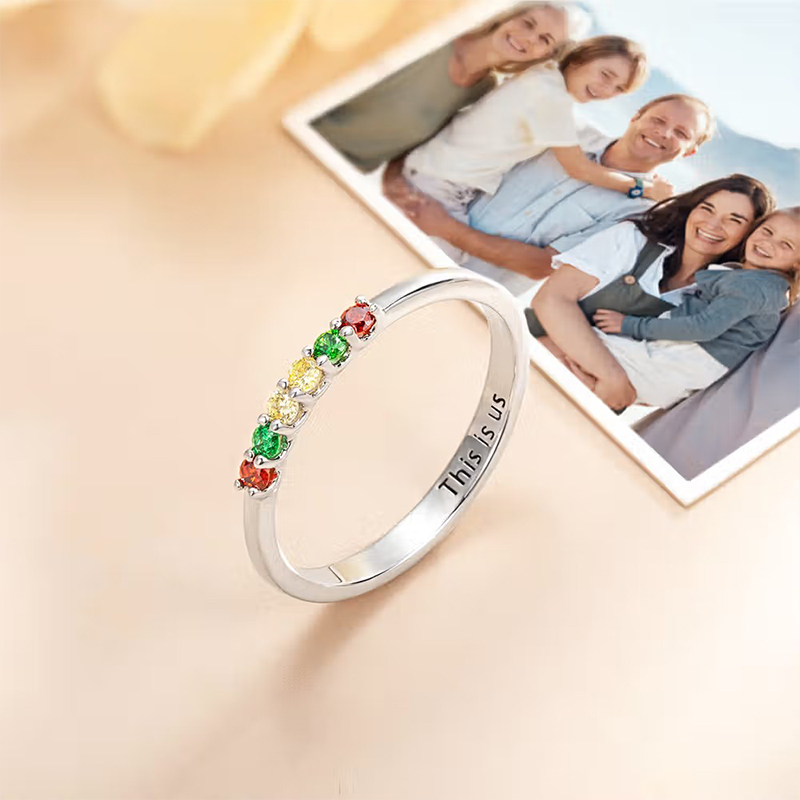 Personalized Elegant 1-8 Birthstones Ring with Engraved Text Custom Birthday Mother's Day Gift for Mom Grandma