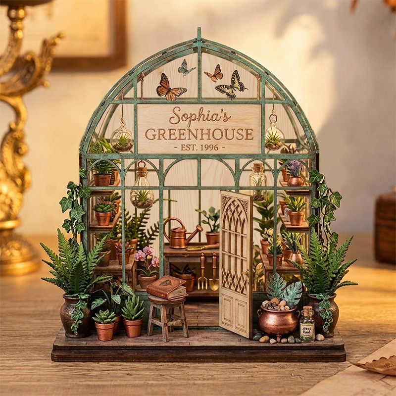 Personalized Greenhouse Wood Decor Custom Name Garden Room Sign Rustic Plant Lover Gift Table Shelf Ornament