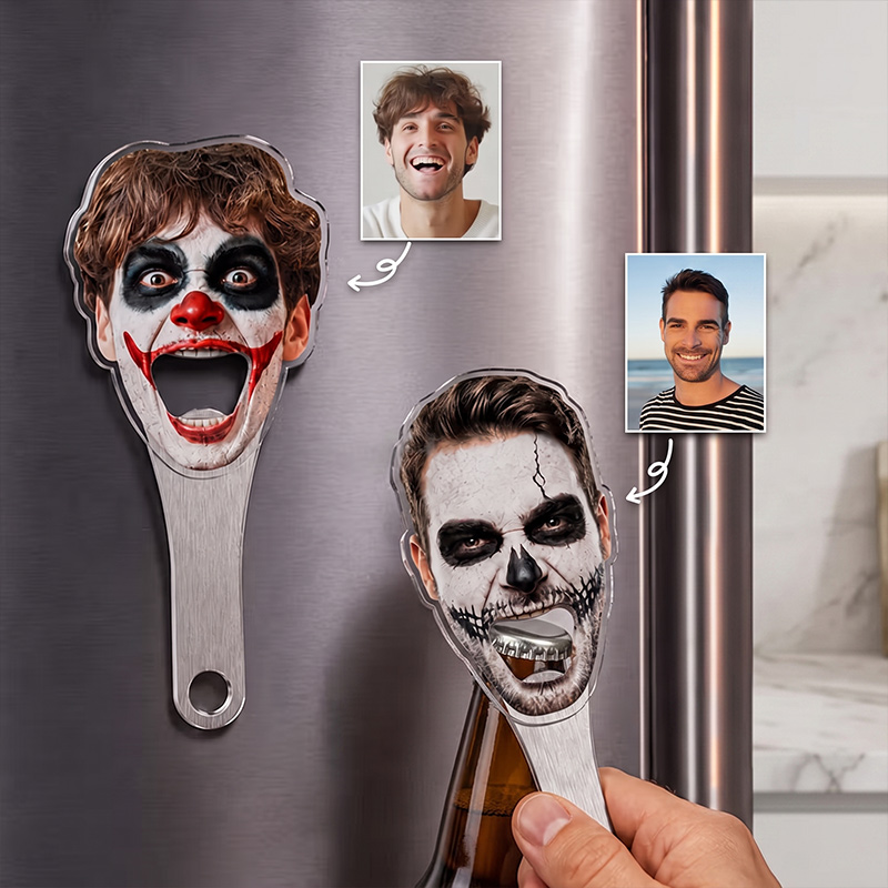 Personalized Halloween Makeup Face Photo Acrylic Bottle Opener with Magnet Fridge Decor Family Bar Party Wine Accessory Birthday Gift for Family Friends Bar Owners