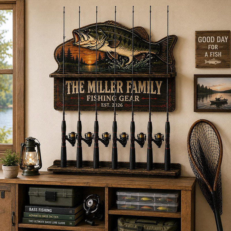 Personalized Bass Fishing Rod Holder Fishing Pole Rack Custom Fishing Gear Organizer Fisherman Gift for Dad Garage Cabin Wall Storage