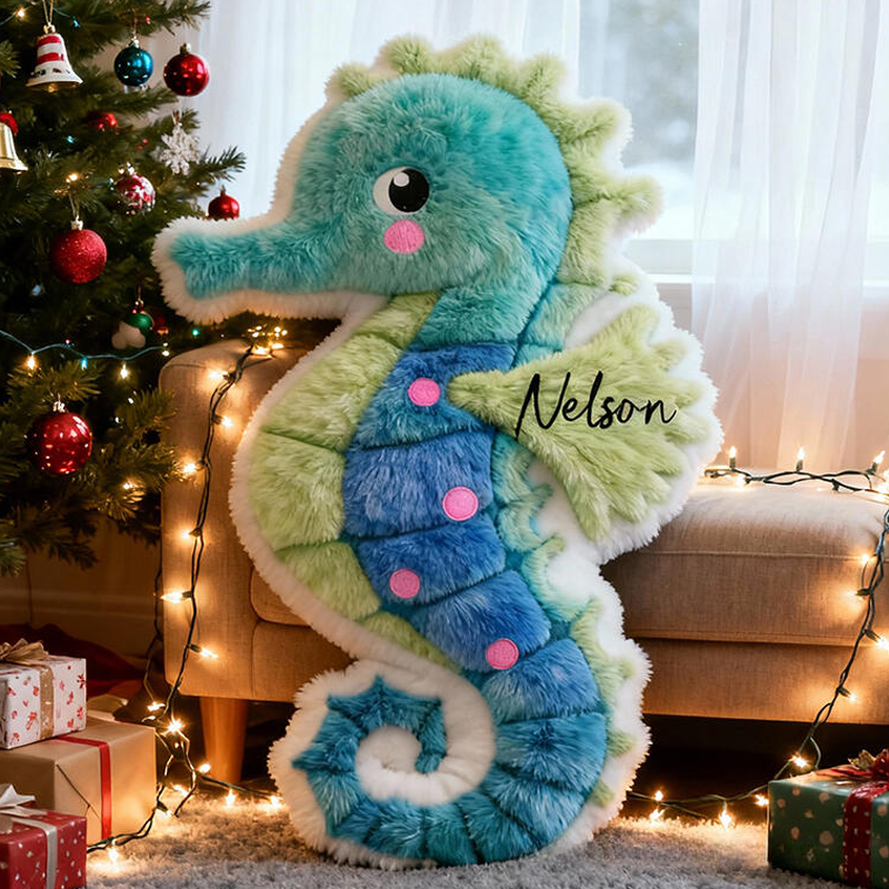 Personalized Seahorse Name Custom Soft Decorative Gift Ocean Blue Style Cute Marine Animal Cozy Bedroom Lovely Underwater Adventure Fun Holiday Graphic 3D Print Pillow