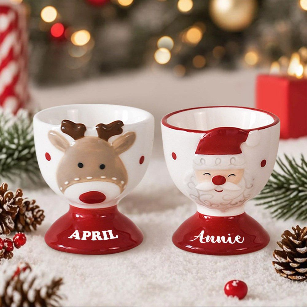 Personalized Christmas Egg Holder Wood Decor Custom Name Santa And Reindeer Breakfast Table Ornament Gift For Kids