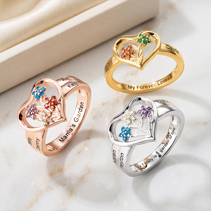 Personalized Grandma's Garden Birthstone Flower Family Ring with Engraved Names Birthday Mother's Day Gift for Grandma Mom