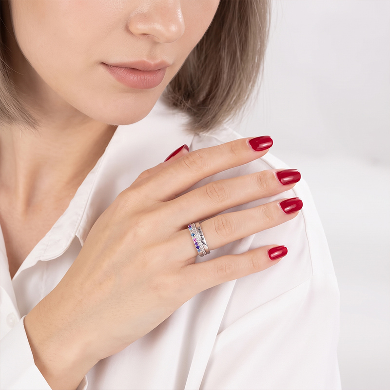 Personalized Family Zircon Ring with 1-10 Birthstones and Engraved Text Women Jewelry Birthday Mother's Day Gift for Mom Grandma