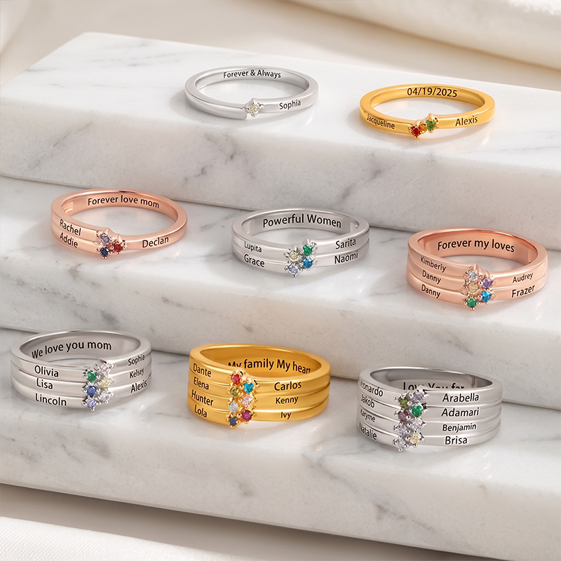 Personalized 1-8 Birthstones Ring with Engraved Name Dainty Women Jewelry Birthday Mother's Day Gift for Mom Grandma