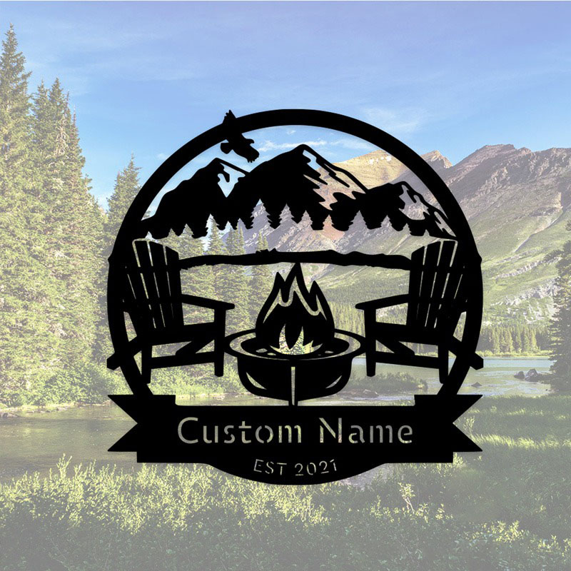 Personalized Campsite Mountain Scene Monogram Custom Metal Name Sign Outdoor Decor Camping Established Sign Metal Wall Art