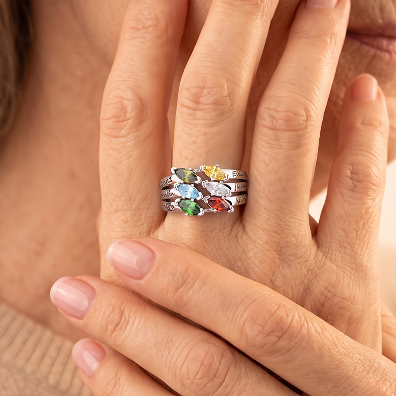 Personalized 1-6 Marquise Family Birthstones Sterling Silver Ring with Engraved Name and Text Birthday Anniversary Gift for Women