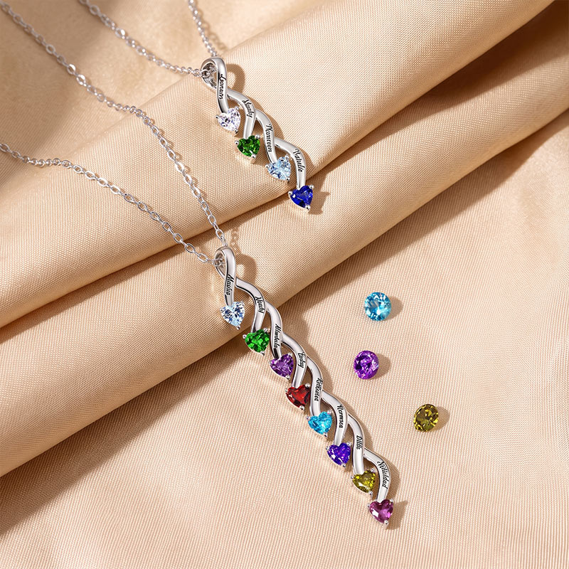 Personalized Minimalist Family 2-8 Heart Shaped Birthstones Necklace with Engraved Names Mother's Day Birthday Gift for Women Mom Grandma