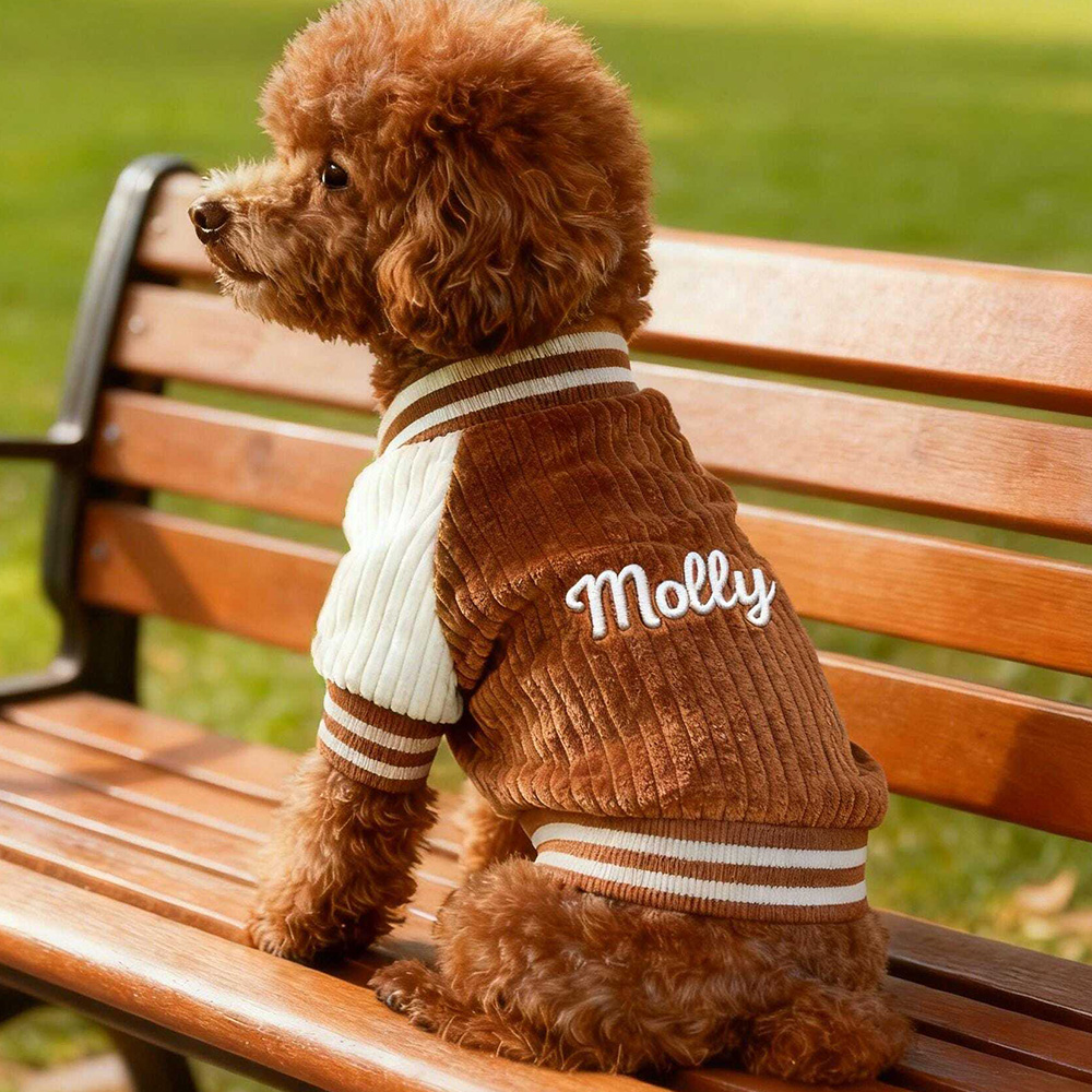 Personalized Dog Varsity Jacket Corduroy Custom Name Pet Sweater Cozy Puppy Coat Fall Winter Apparel Gift
