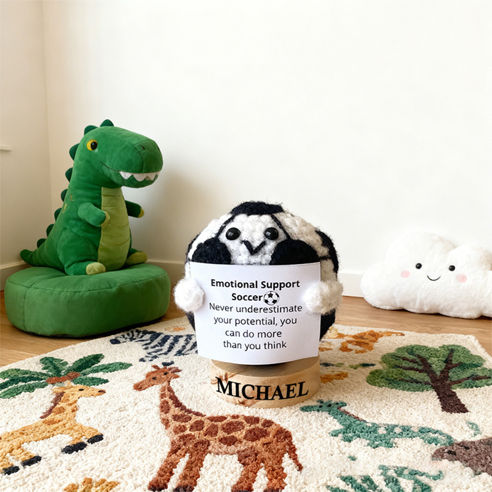 Personalized Crochet Soccer Ball Plush with Custom Name and Encouraging Quote Cheer Up Gift For Soccer Ball Team Player