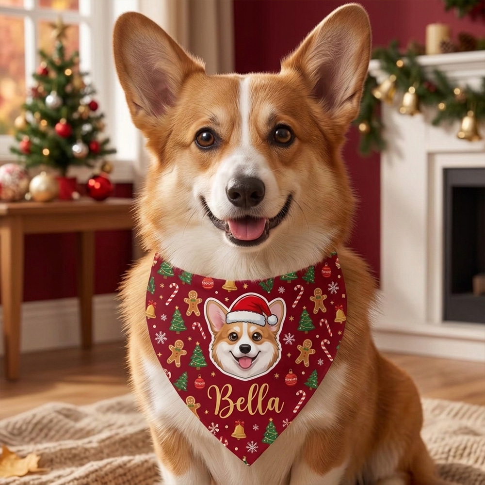 Personalized Cartoon Pet Photo Bandana with Name Adjustable Buckle Pet Party Harvest Birthday Gift for Pet Owners Lovers