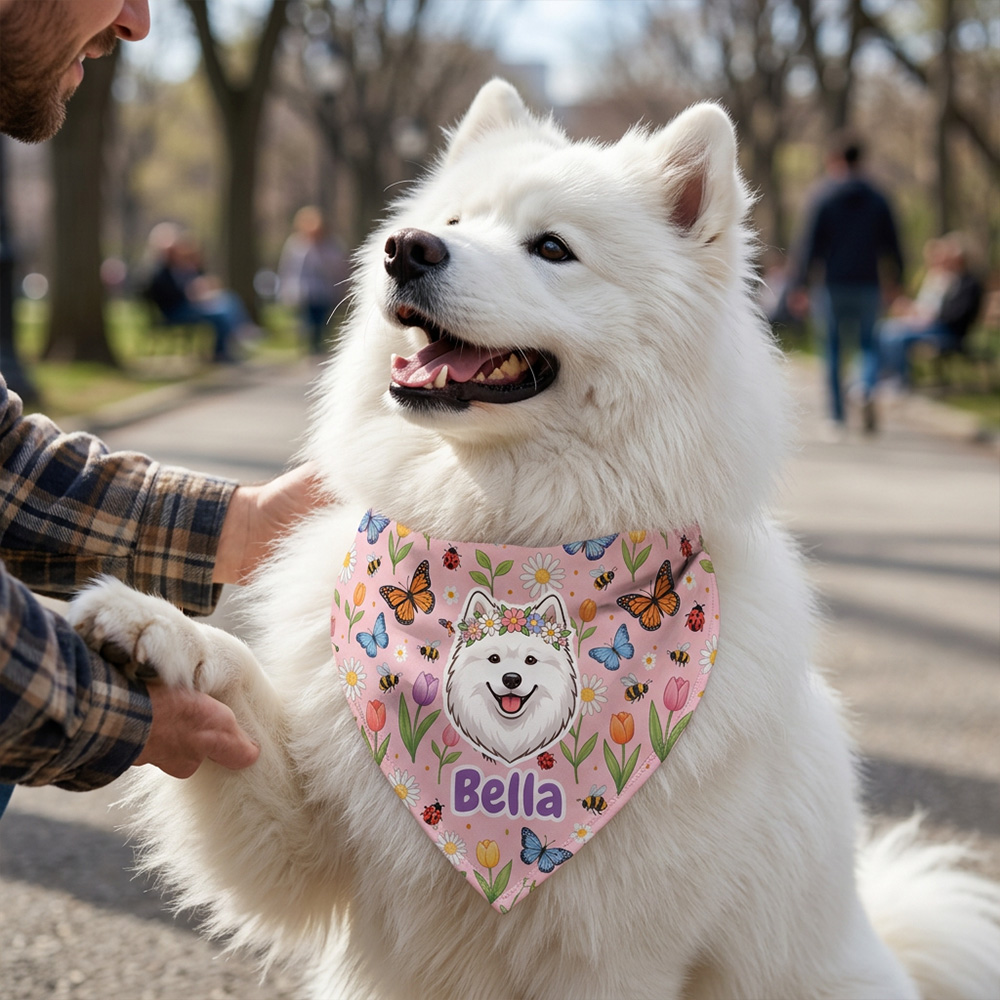Personalized Dog Bandana Custom Pet Name Floral Butterfly Print Cute Puppy Scarf Soft Triangle Bib Gift