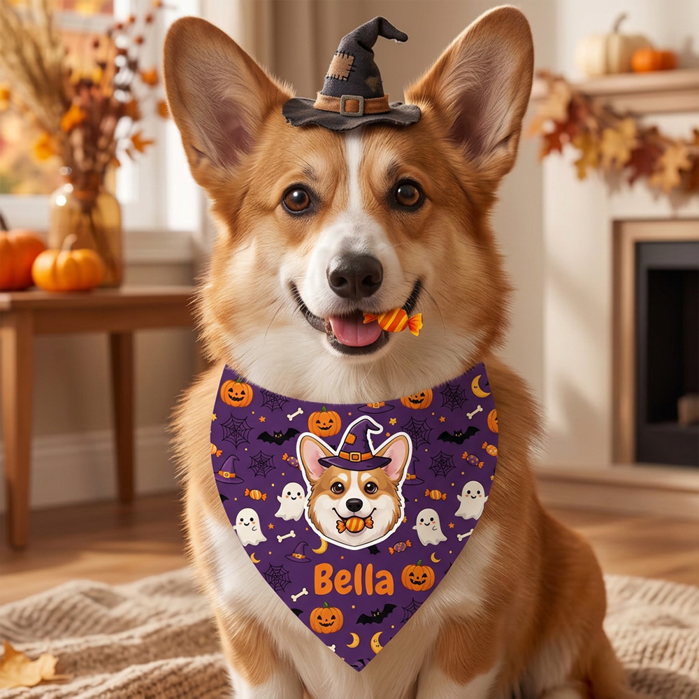 Personalized Dog Bandana Custom Pet Name Halloween Print Cute Puppy Sc