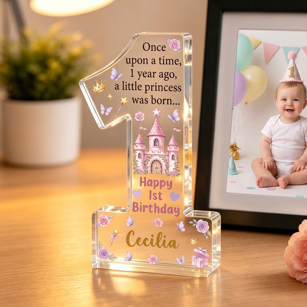 Personalized Princess First Birthday Acrylic Number One Keepsake Baby Girl Birthday Party Gift Pink Castle