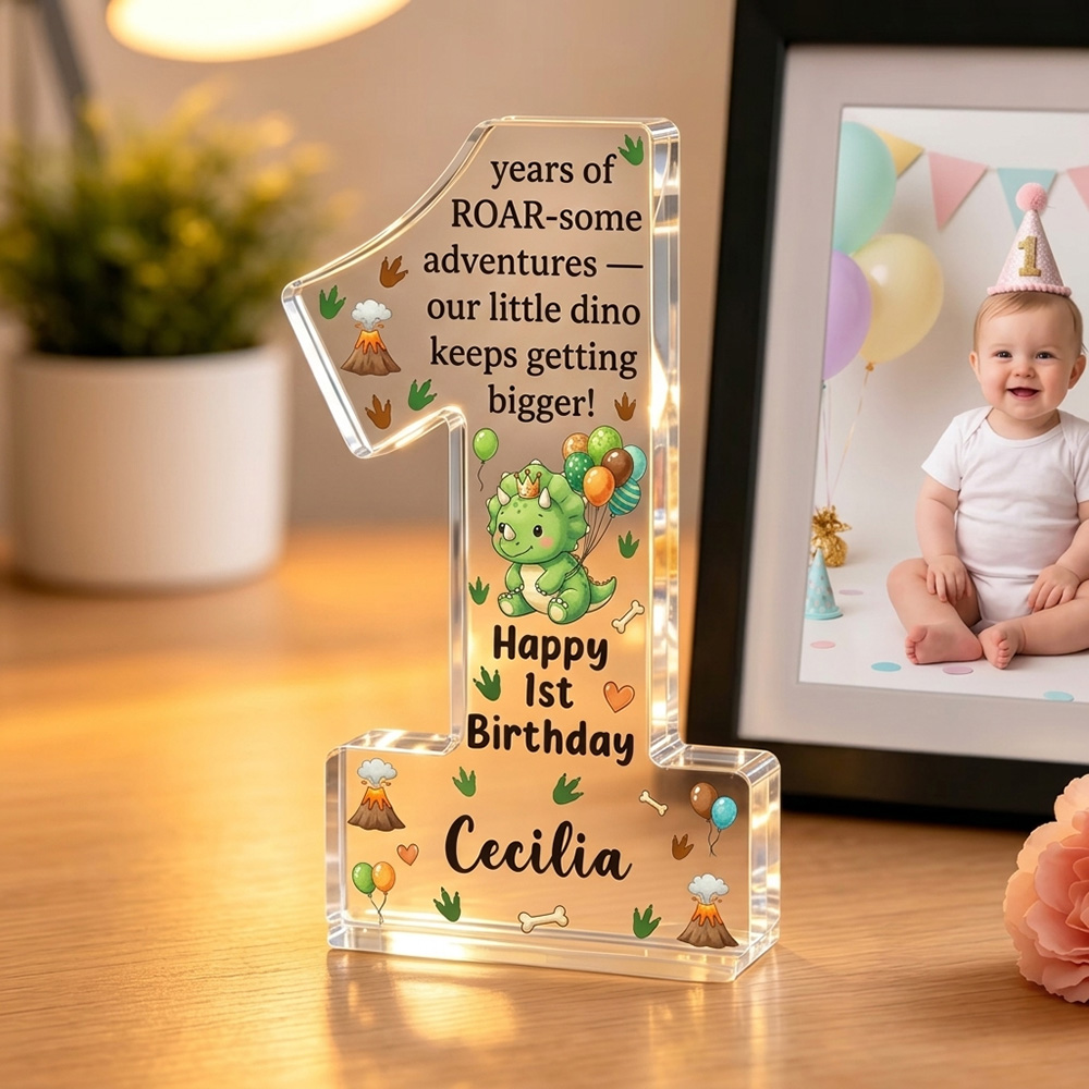 Personalized Dinosaur First Birthday Acrylic Number One Keepsake Baby Boy Gift Cute Green Dino