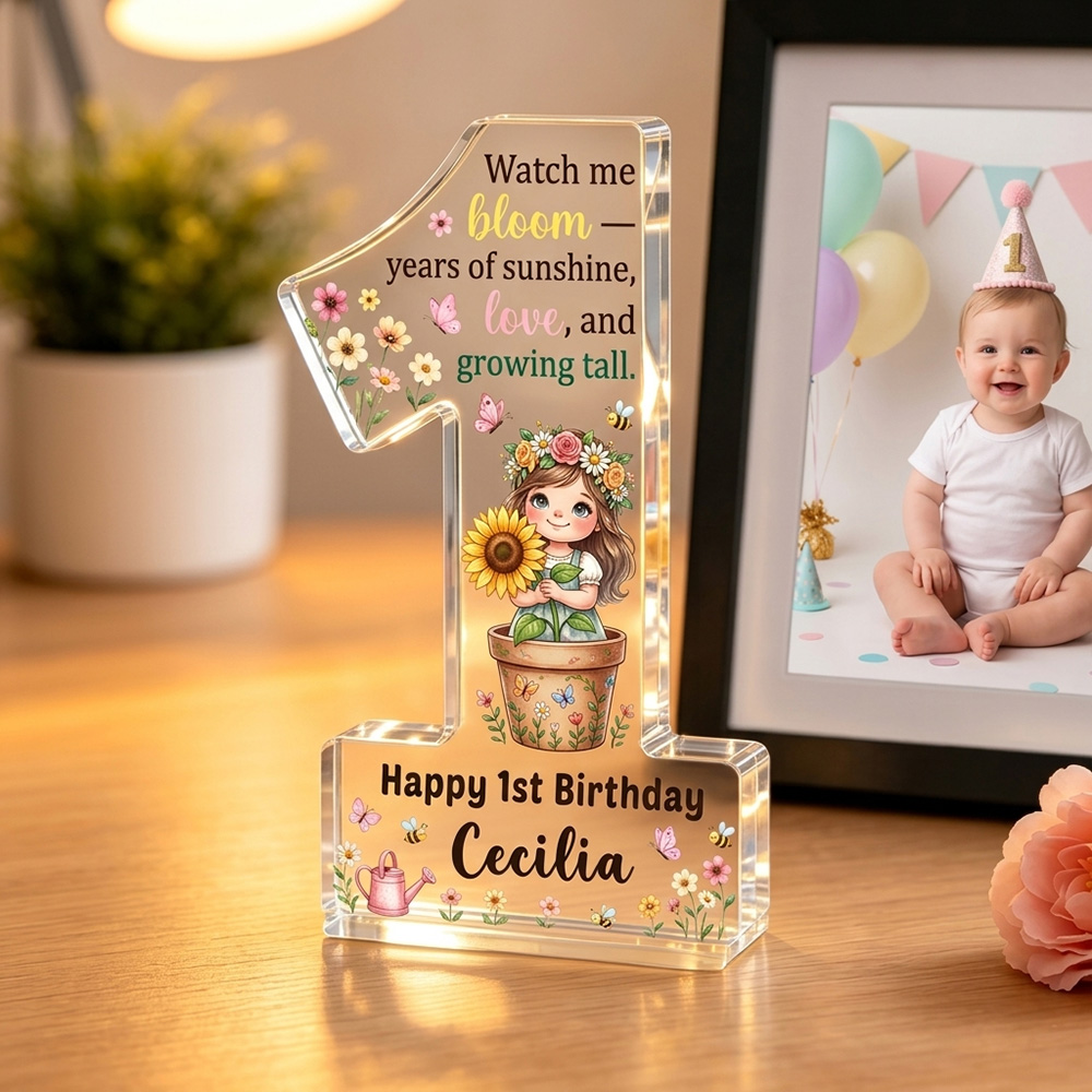 Personalized Floral First Birthday Acrylic Plaque Custom Name Keepsake Gift For Baby Girls Bloom Theme
