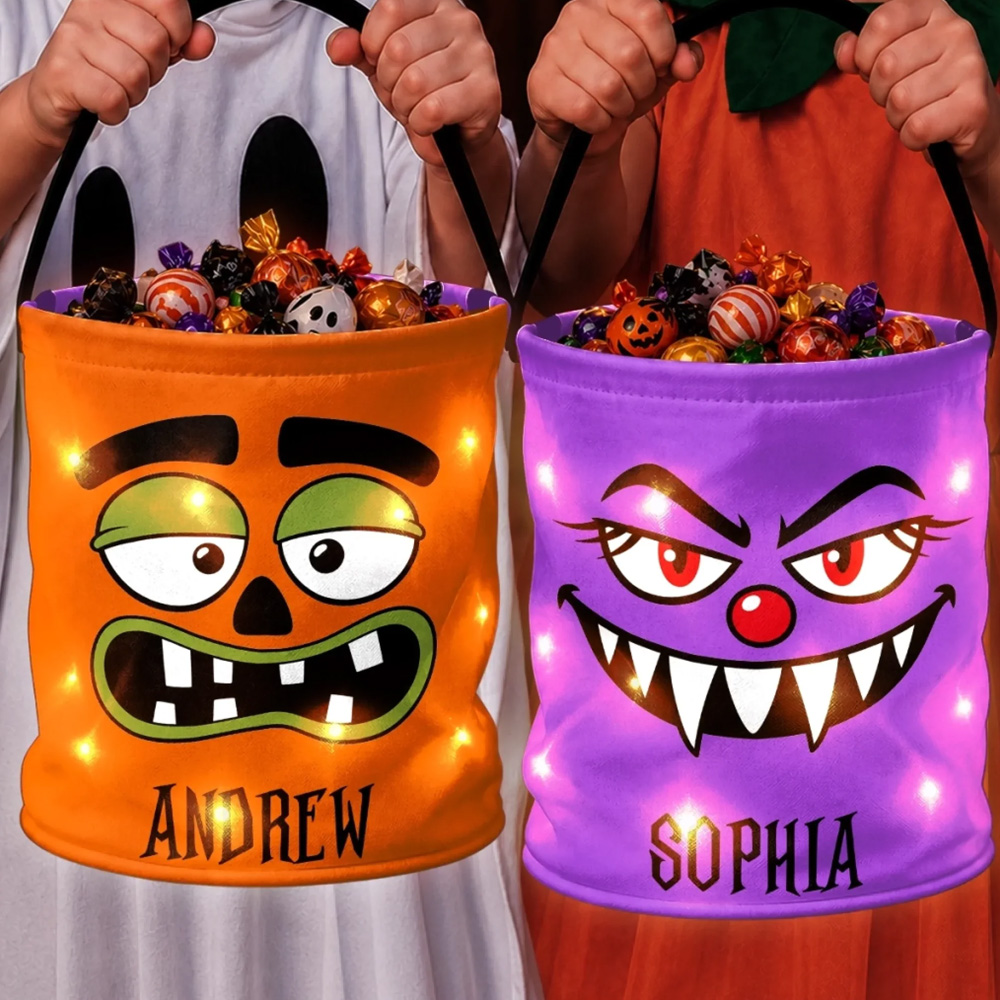 Personalized Halloween Trick Or Treat Bucket Glowing LED Candy Bag Fun