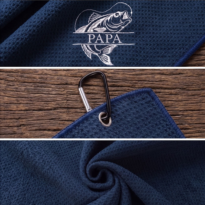Personalized Dad Fishing Waffle Towel Monogram Embroidery Waffle Towel with Name and Hanging Clip Birthday Gift for Dad Grandpa Fishing Enthusiasts