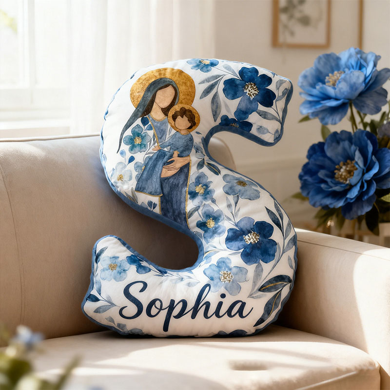 Personalized the Virgin Mary and Baby Jesus Letter Pillow with Custom Name Religious Home Decor Christian Gift Blue Floral Graphic 3D Print Pillow