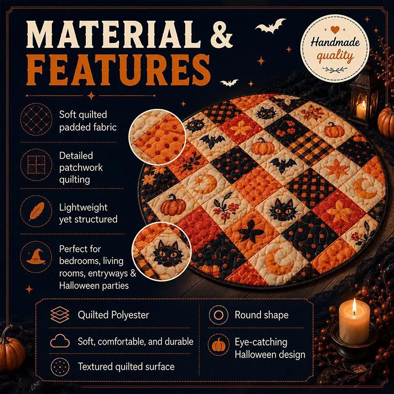 Personalized Quilted Round Halloween Rug Custom Family Name Pumpkin Reaper Rug Spooky Patchwork Decor Gothic Horror Doormat Halloween Gift