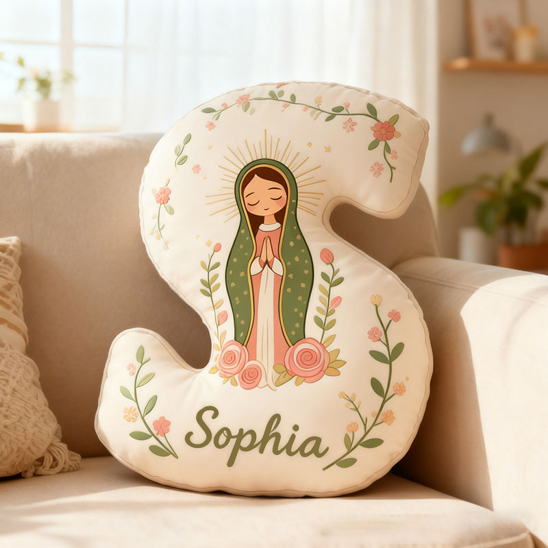 Personalized Cute Our Lady of Guadalupe Letter Pillow with Custom Name Kids Room Decor Catholic Gift for Women Baptism Gift Graphic 3D Print Pillow