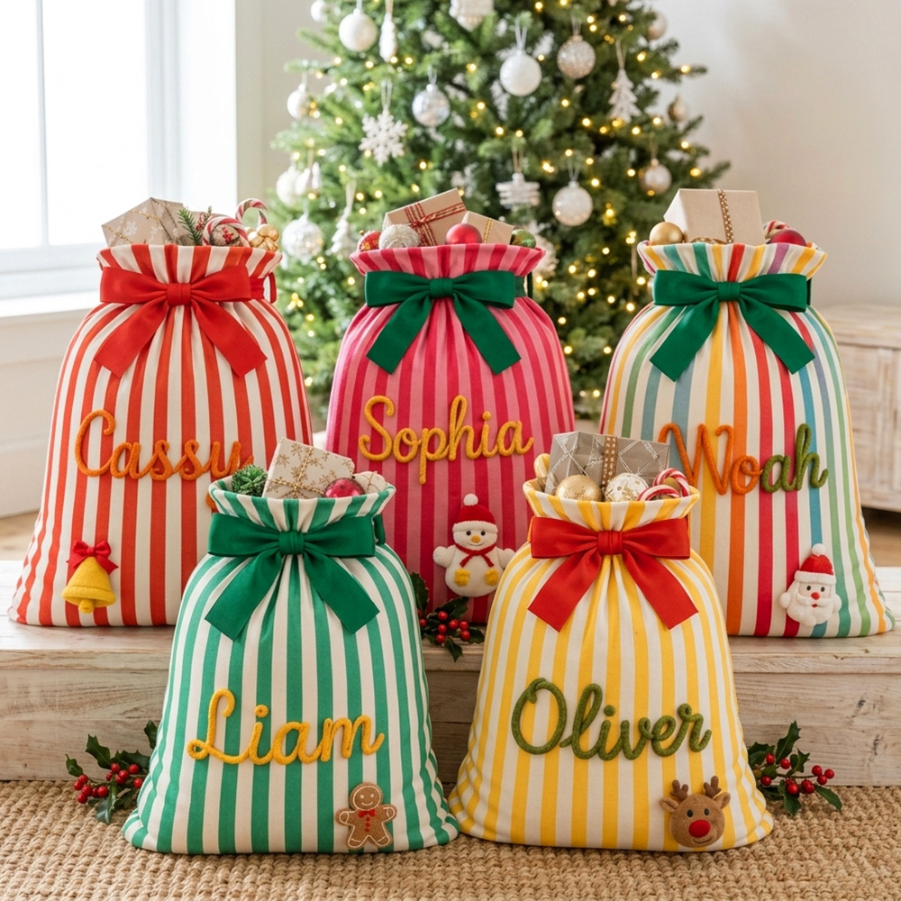Personalized Striped Christmas Gift Sack Large Name Santa Bag With Gingerbread And Bow Holiday Present Storage For Kids