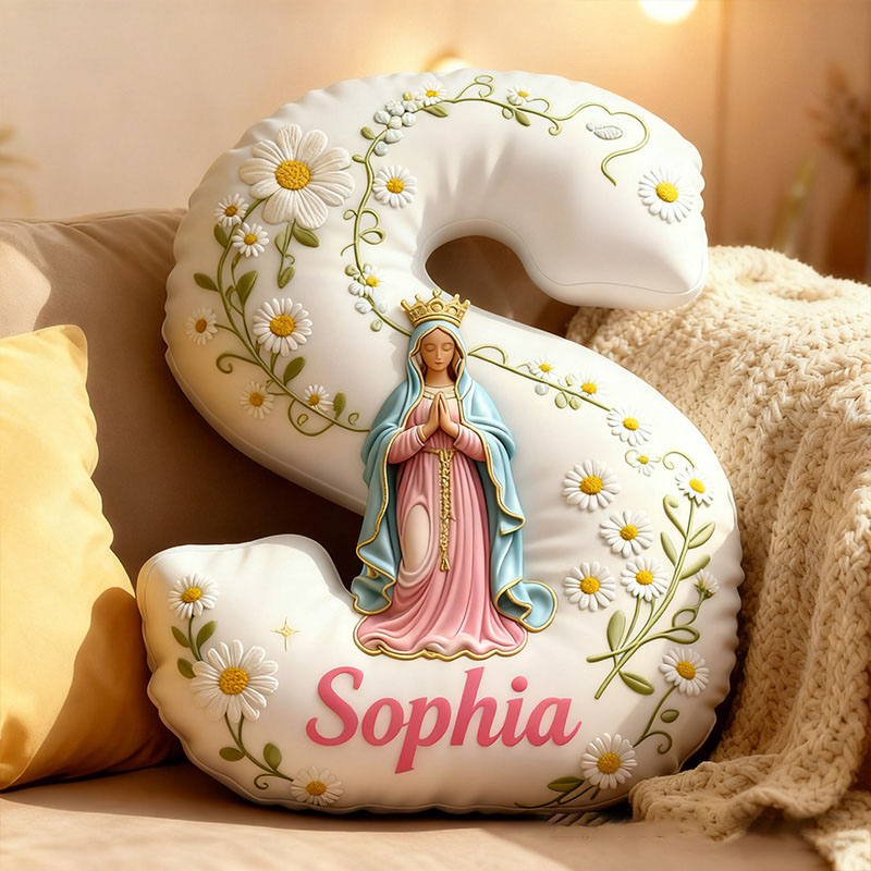 Personalized Virgin Mary Letter Pillow with Custom Name Home Decor Religious Faith Gift Catholic Gift for Her Daisy Floral Graphic 3D Print Pillow